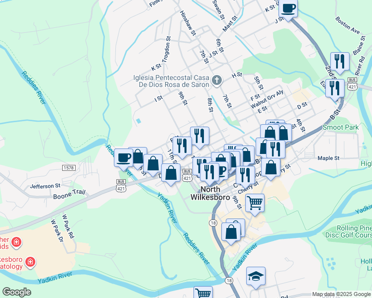 map of restaurants, bars, coffee shops, grocery stores, and more near 1014 E Street in North Wilkesboro