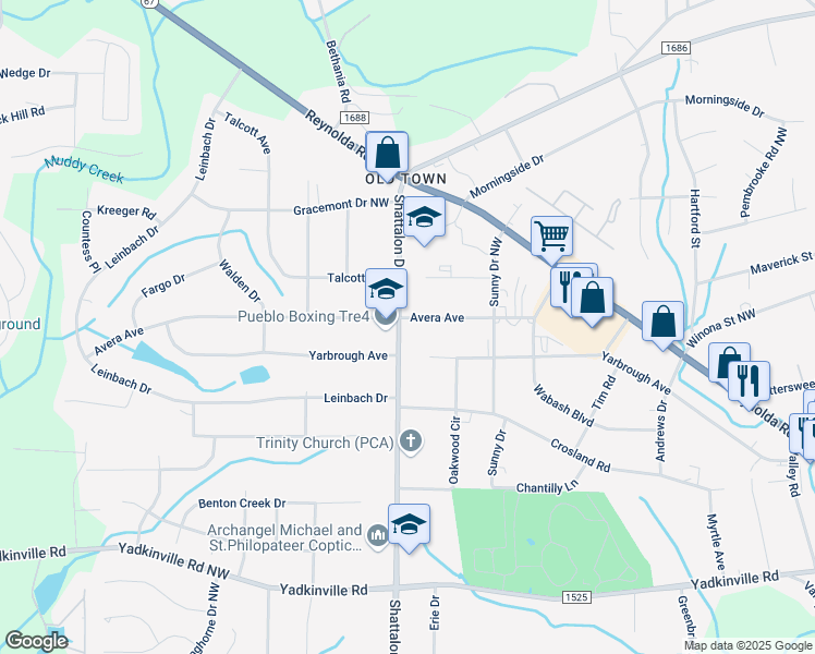 map of restaurants, bars, coffee shops, grocery stores, and more near 4635 Shattalon Drive in Winston-Salem