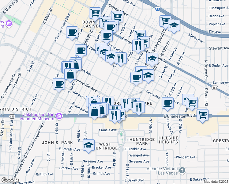 map of restaurants, bars, coffee shops, grocery stores, and more near 501 South 10th Street in Las Vegas