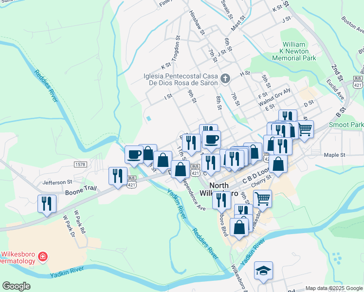 map of restaurants, bars, coffee shops, grocery stores, and more near 1014 E Street in North Wilkesboro