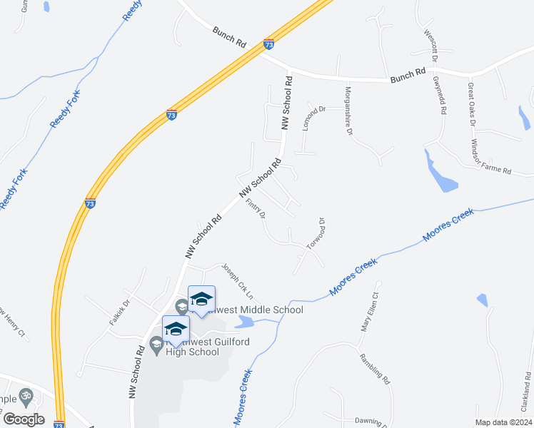 map of restaurants, bars, coffee shops, grocery stores, and more near 7586 Fintry Drive in Greensboro