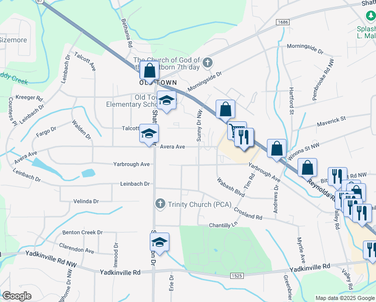 map of restaurants, bars, coffee shops, grocery stores, and more near 3830 Avera Avenue in Winston-Salem
