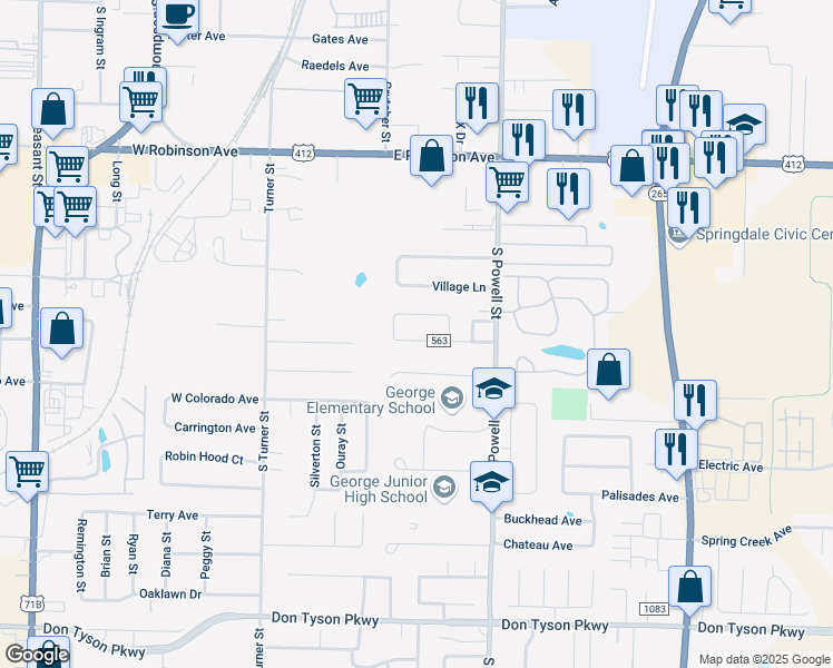 map of restaurants, bars, coffee shops, grocery stores, and more near 311 Bigi Avenue in Springdale