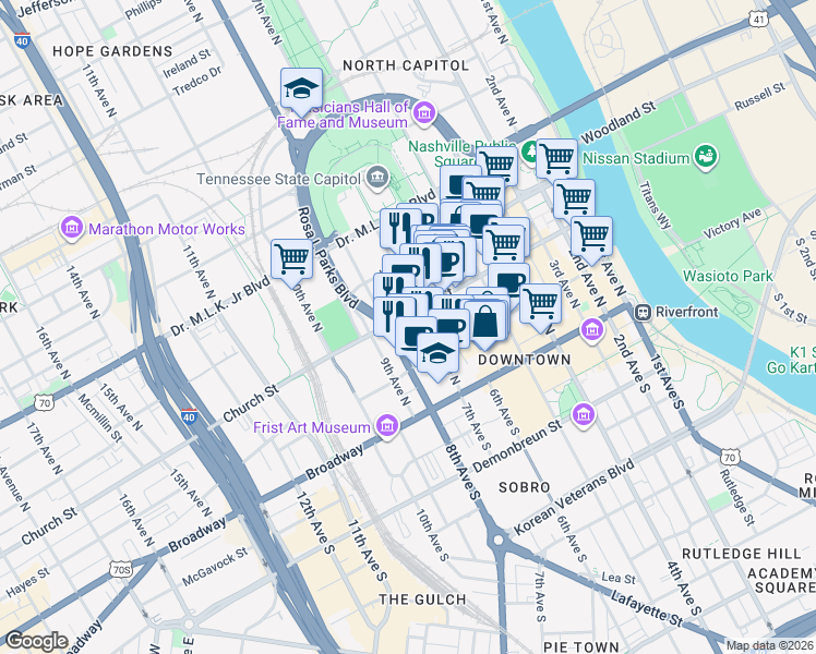 map of restaurants, bars, coffee shops, grocery stores, and more near 719 Church Street in Nashville