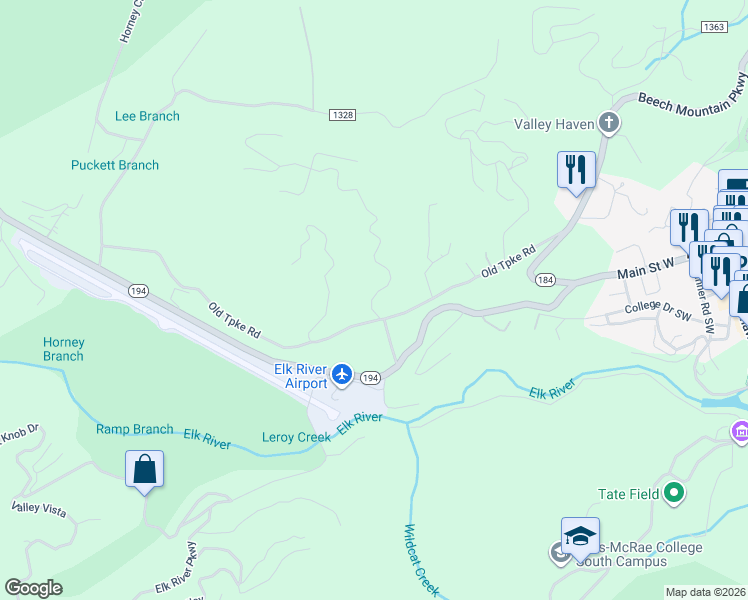 map of restaurants, bars, coffee shops, grocery stores, and more near 184 Silver Springs Drive in Beech Mountain