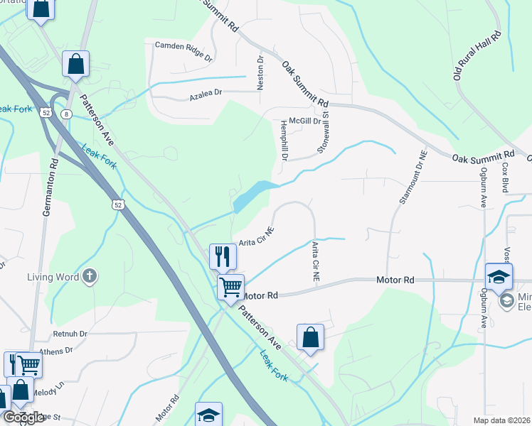 map of restaurants, bars, coffee shops, grocery stores, and more near 38 Arita Circle Northeast in Winston-Salem