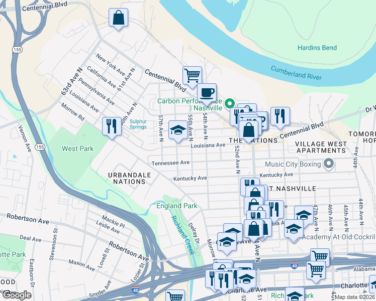 map of restaurants, bars, coffee shops, grocery stores, and more near 5410 Louisiana Avenue in Nashville