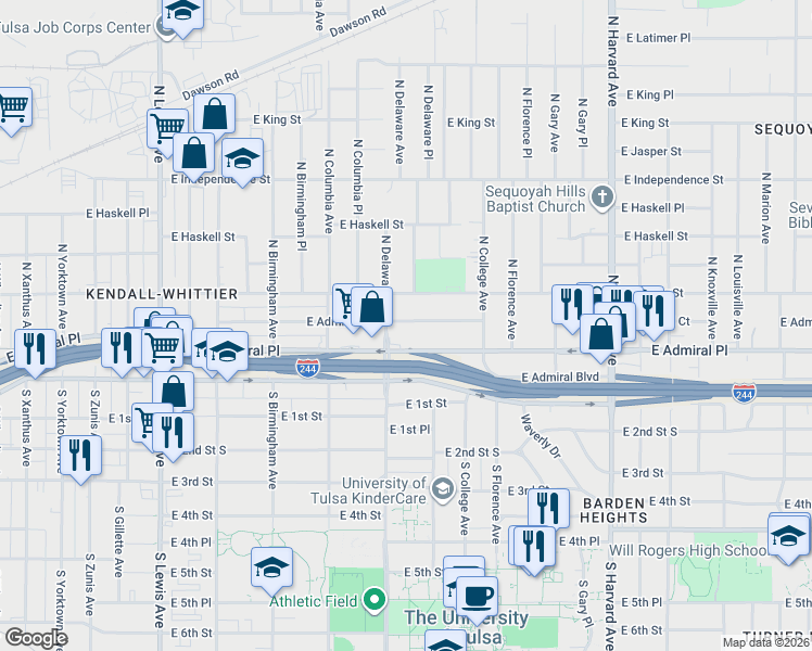 map of restaurants, bars, coffee shops, grocery stores, and more near 2818 East Admiral Court in Tulsa