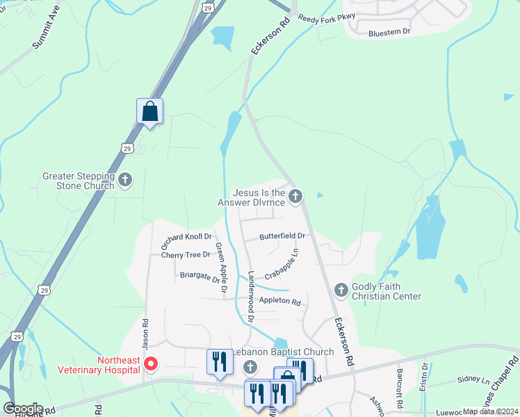 map of restaurants, bars, coffee shops, grocery stores, and more near 5904 Laurel Creek Court in Greensboro