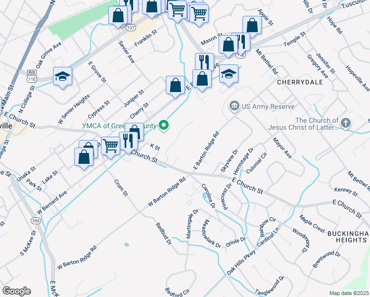 map of restaurants, bars, coffee shops, grocery stores, and more near 601 East Barton Ridge Road in Greeneville