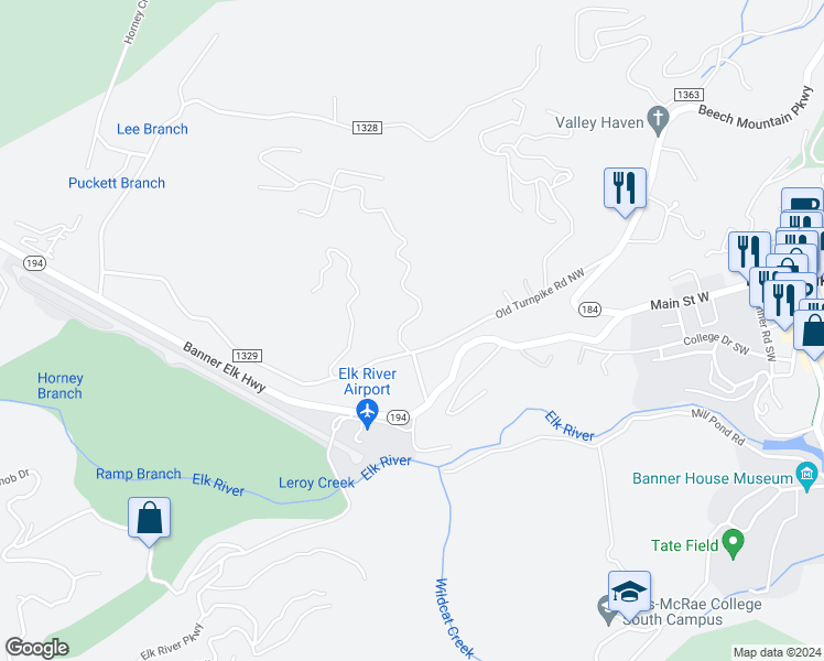 map of restaurants, bars, coffee shops, grocery stores, and more near 184 Silver Springs Drive in Beech Mountain