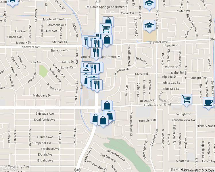 map of restaurants, bars, coffee shops, grocery stores, and more near 136 Bel Port Drive in Las Vegas