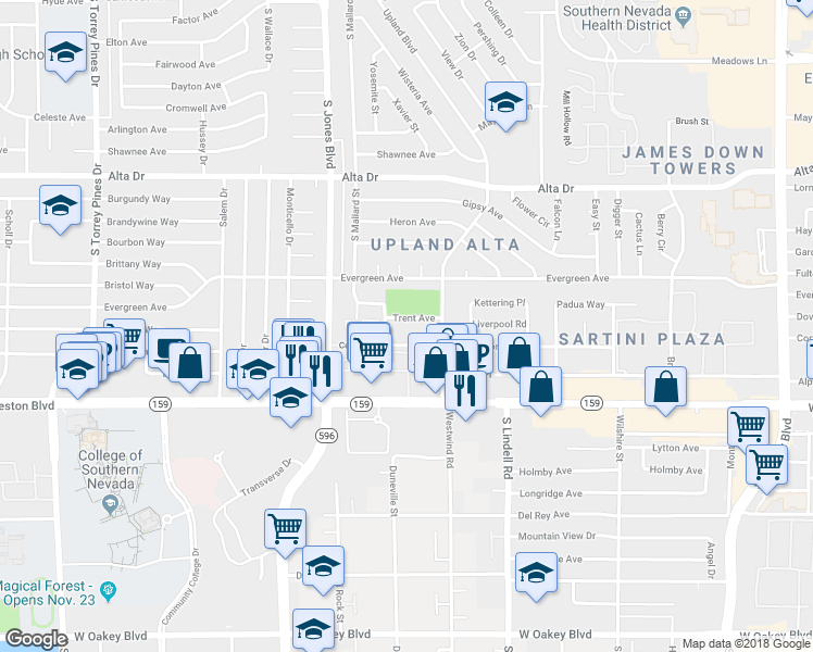 map of restaurants, bars, coffee shops, grocery stores, and more near 5866 Trent Avenue in Las Vegas