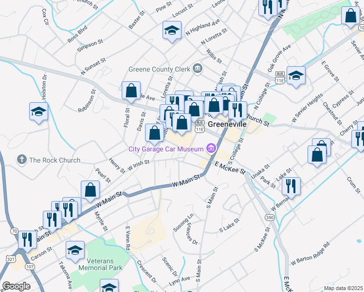 map of restaurants, bars, coffee shops, grocery stores, and more near 221 West Summer Street in Greeneville