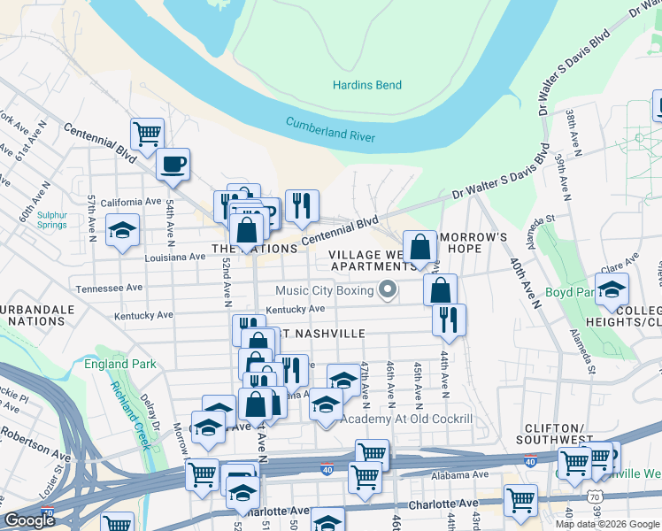 map of restaurants, bars, coffee shops, grocery stores, and more near 1200 49th Avenue North in Nashville
