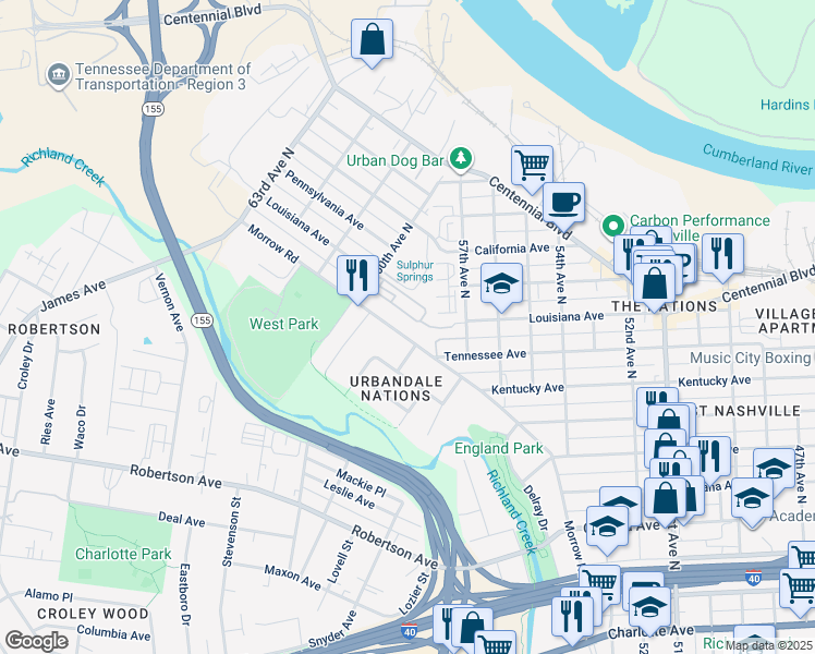 map of restaurants, bars, coffee shops, grocery stores, and more near 58 60th Avenue North in Nashville