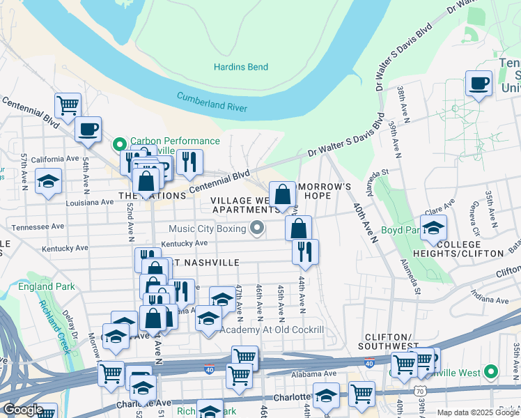 map of restaurants, bars, coffee shops, grocery stores, and more near 4404 Tennessee Avenue in Nashville