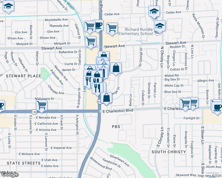 map of restaurants, bars, coffee shops, grocery stores, and more near 130 Bel Port Drive in Las Vegas