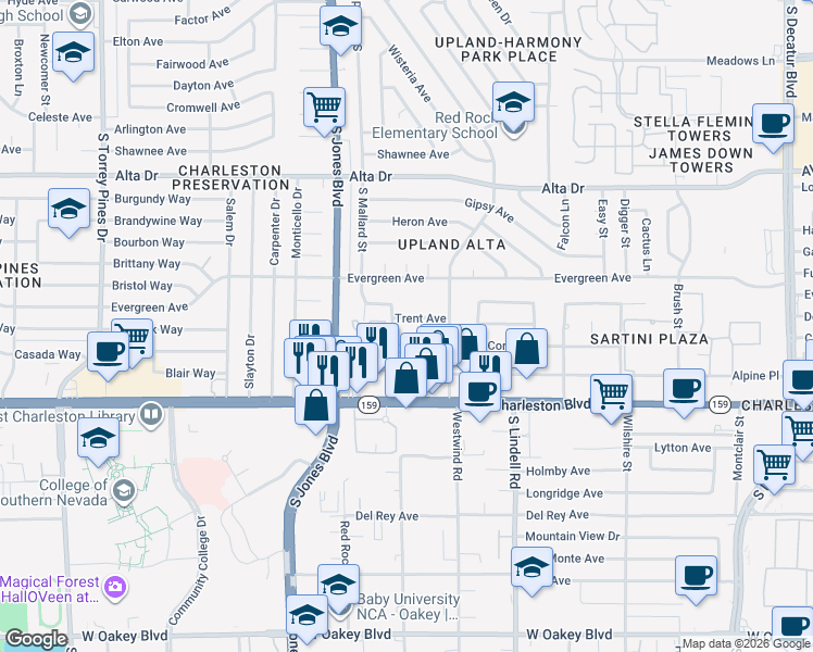 map of restaurants, bars, coffee shops, grocery stores, and more near 5821 Trent Avenue in Las Vegas