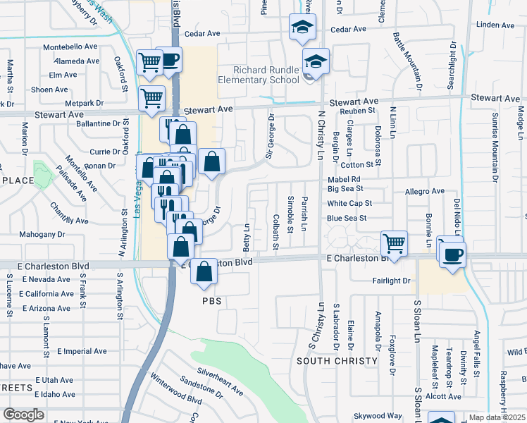 map of restaurants, bars, coffee shops, grocery stores, and more near 5330 East Charleston Boulevard in Las Vegas