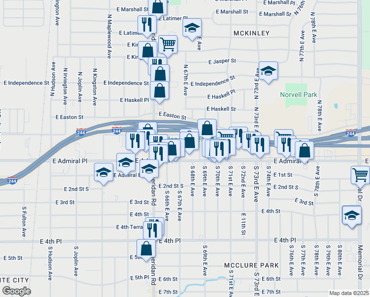map of restaurants, bars, coffee shops, grocery stores, and more near 6616 East Archer Street in Tulsa