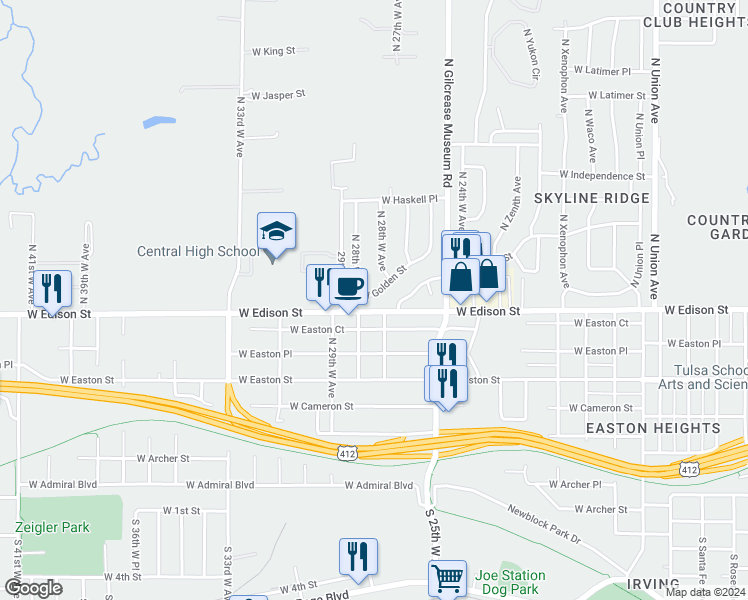 map of restaurants, bars, coffee shops, grocery stores, and more near 2826 West Golden Street in Tulsa