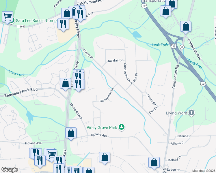 map of restaurants, bars, coffee shops, grocery stores, and more near 109 Blaze Street in Winston-Salem