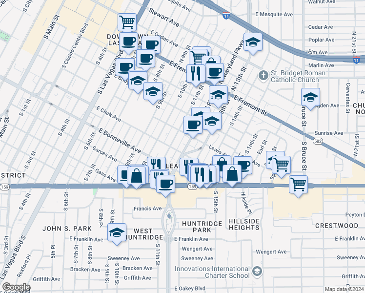 map of restaurants, bars, coffee shops, grocery stores, and more near 420 South Maryland Parkway in Las Vegas