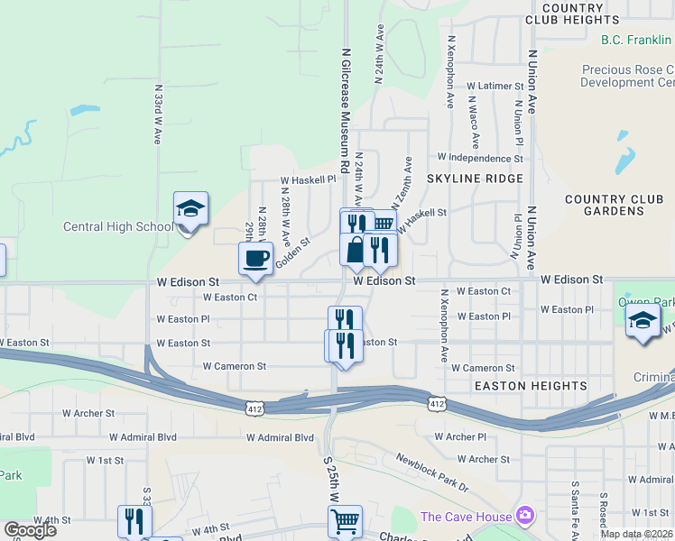map of restaurants, bars, coffee shops, grocery stores, and more near 523 North Gilcrease Museum Road in Tulsa