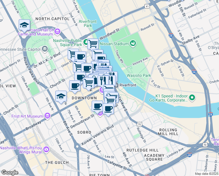 map of restaurants, bars, coffee shops, grocery stores, and more near in Nashville