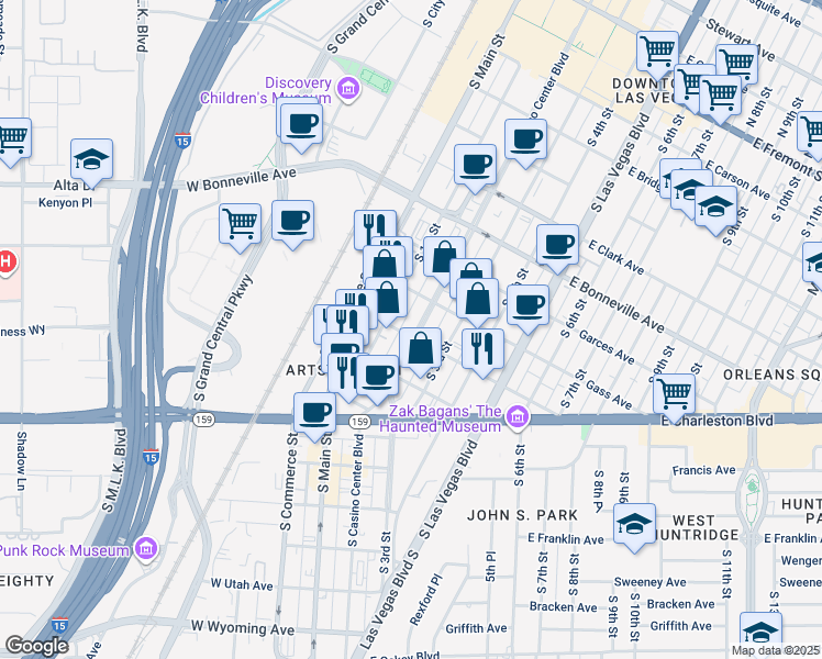 map of restaurants, bars, coffee shops, grocery stores, and more near 150 Hoover Avenue in Las Vegas