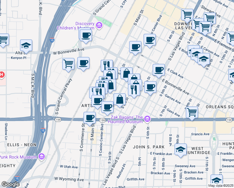 map of restaurants, bars, coffee shops, grocery stores, and more near 823 South 1st Street in Las Vegas