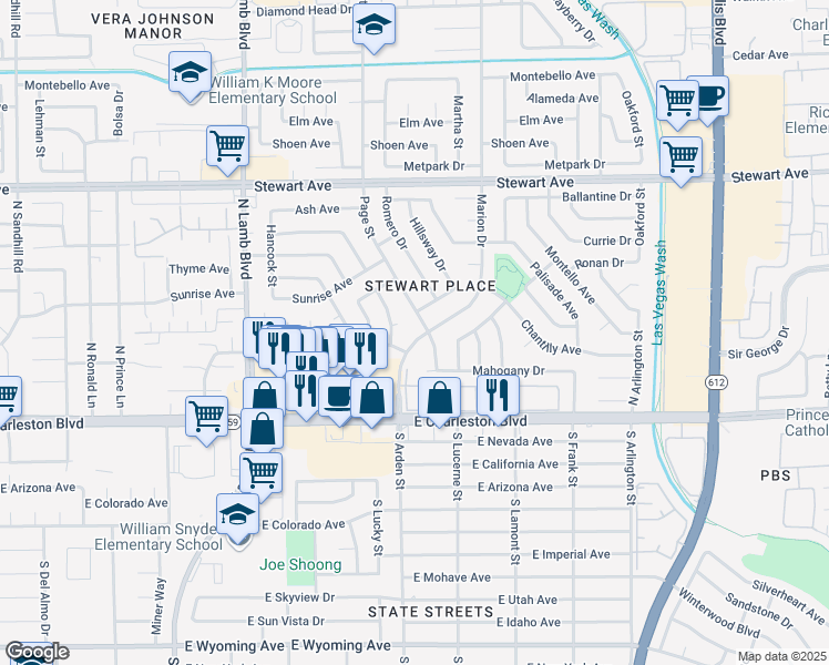 map of restaurants, bars, coffee shops, grocery stores, and more near 57 Marion Drive in Las Vegas