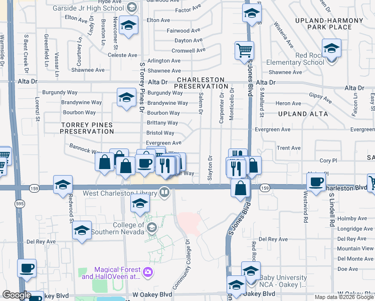 map of restaurants, bars, coffee shops, grocery stores, and more near 6216 Bannock Way in Las Vegas