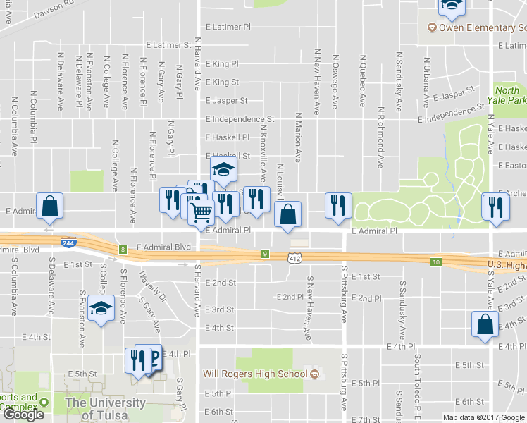 map of restaurants, bars, coffee shops, grocery stores, and more near 3598 East Admiral Court in Tulsa