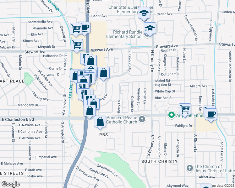 map of restaurants, bars, coffee shops, grocery stores, and more near 167 Betty Lane in Las Vegas