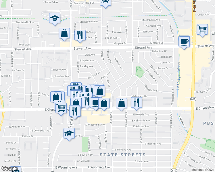 map of restaurants, bars, coffee shops, grocery stores, and more near 49 North Lafaette Street in Las Vegas