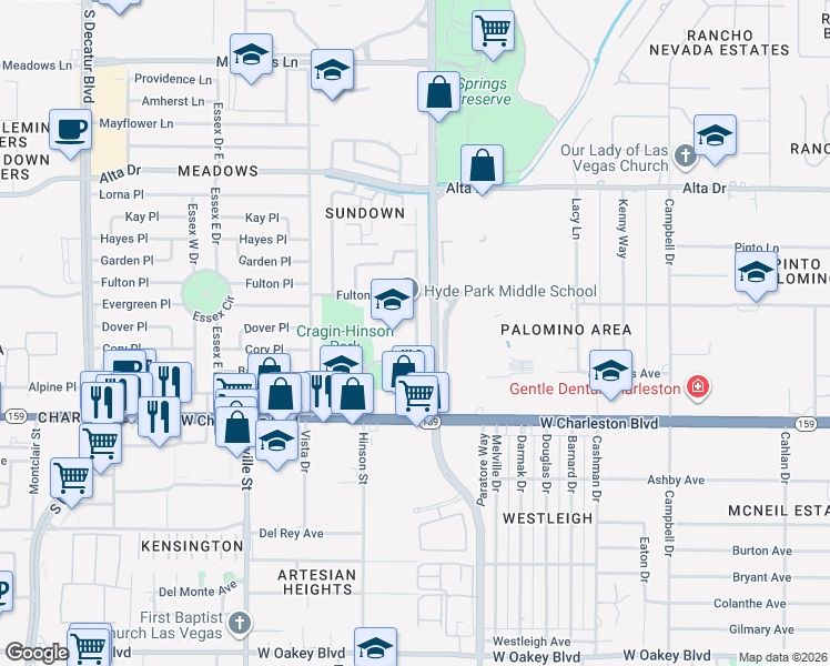 map of restaurants, bars, coffee shops, grocery stores, and more near 900 Hinson Street in Las Vegas