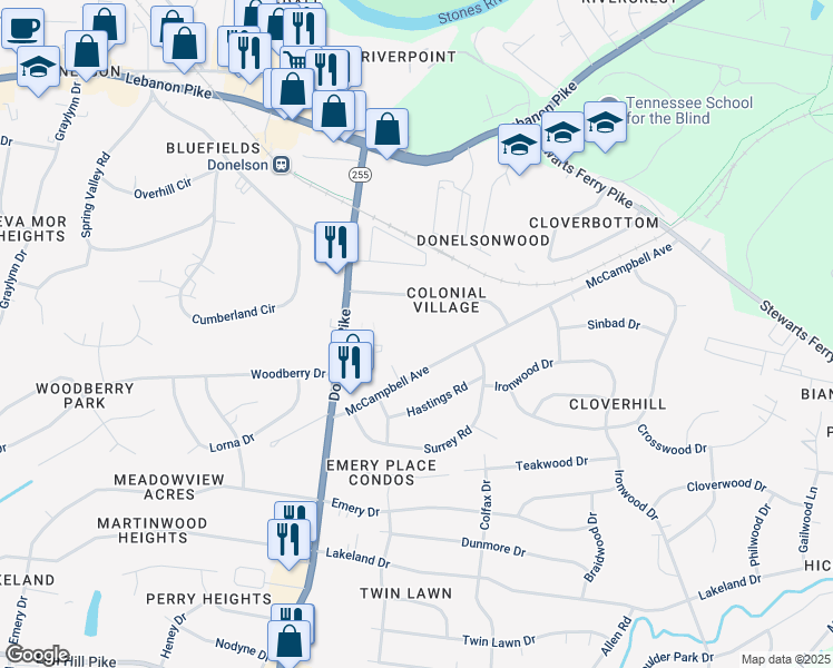 map of restaurants, bars, coffee shops, grocery stores, and more near 2733 McCampbell Avenue in Nashville