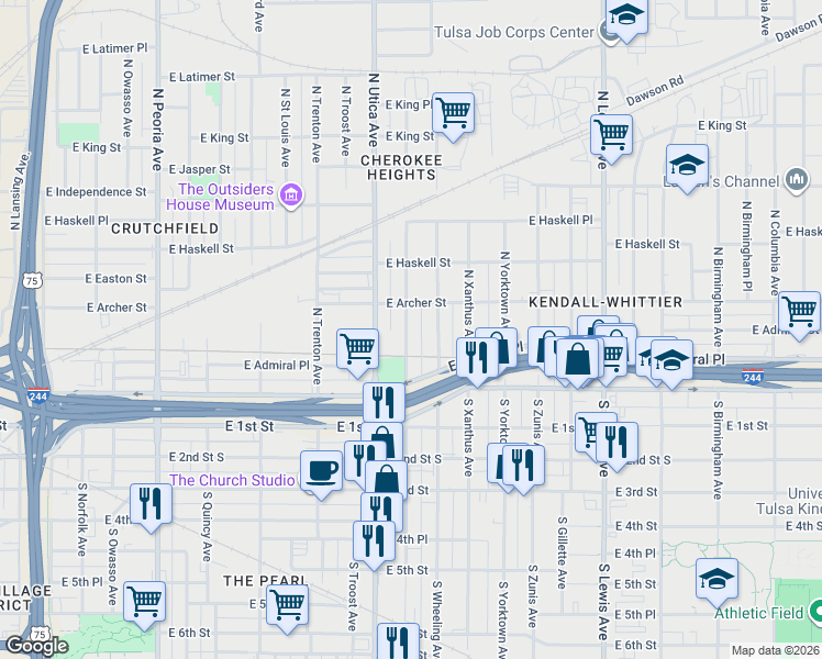 map of restaurants, bars, coffee shops, grocery stores, and more near 59 North Victor Avenue in Tulsa