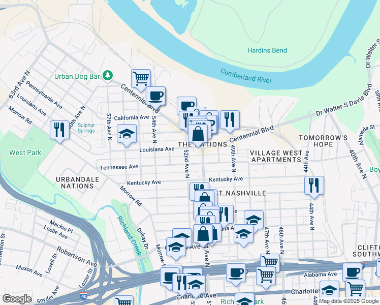 map of restaurants, bars, coffee shops, grocery stores, and more near 5117 Louisiana Avenue in Nashville