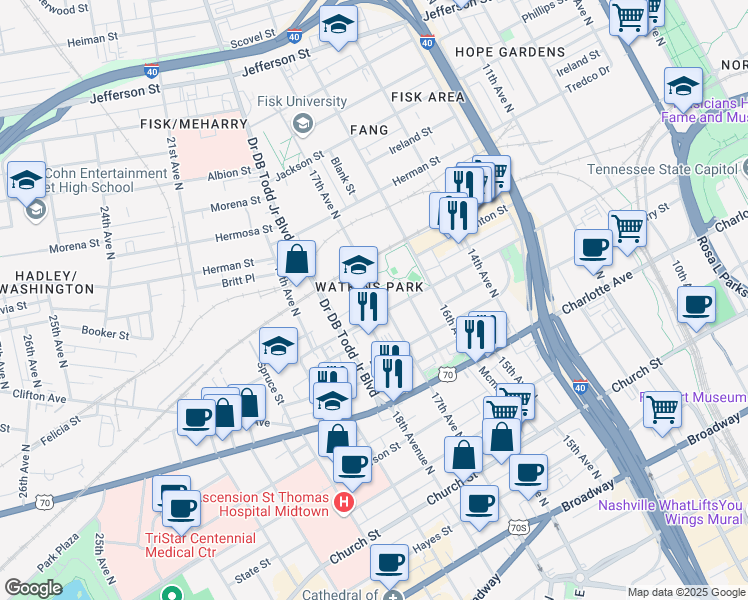 map of restaurants, bars, coffee shops, grocery stores, and more near 613 17th Avenue North in Nashville