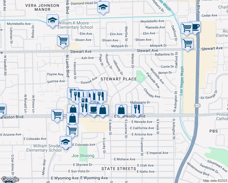 map of restaurants, bars, coffee shops, grocery stores, and more near 57 Marion Drive in Las Vegas