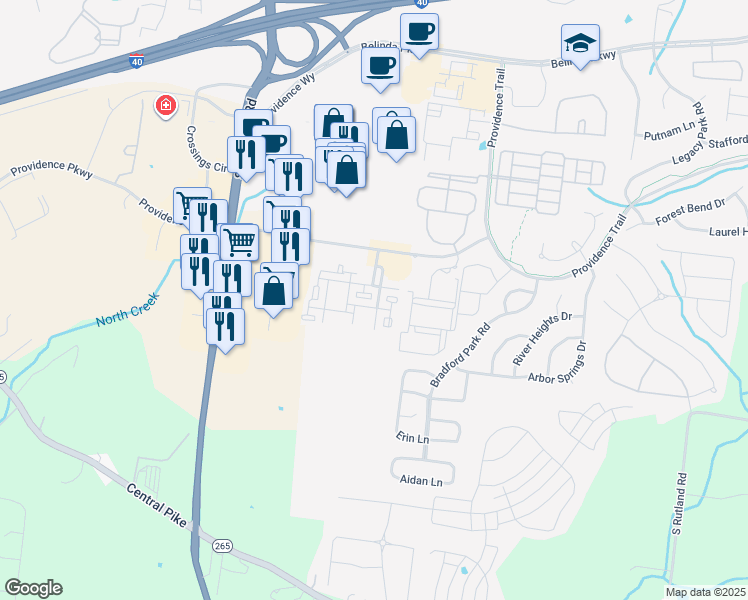 map of restaurants, bars, coffee shops, grocery stores, and more near 1352 Westwood Boulevard in Mt. Juliet
