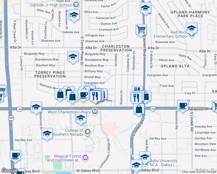 map of restaurants, bars, coffee shops, grocery stores, and more near 6216 Bannock Way in Las Vegas