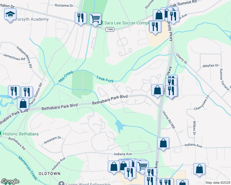 map of restaurants, bars, coffee shops, grocery stores, and more near 6001 Old Plank Road in Winston-Salem