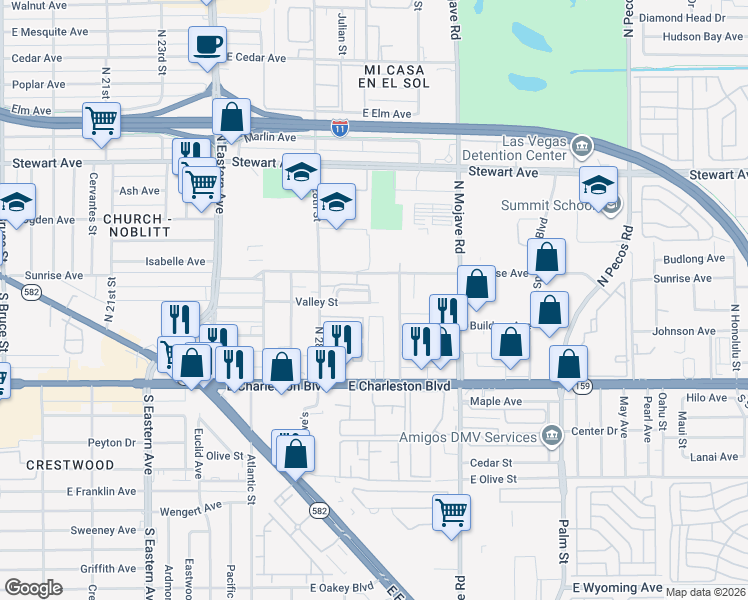 map of restaurants, bars, coffee shops, grocery stores, and more near 50 North 29th Street in Las Vegas