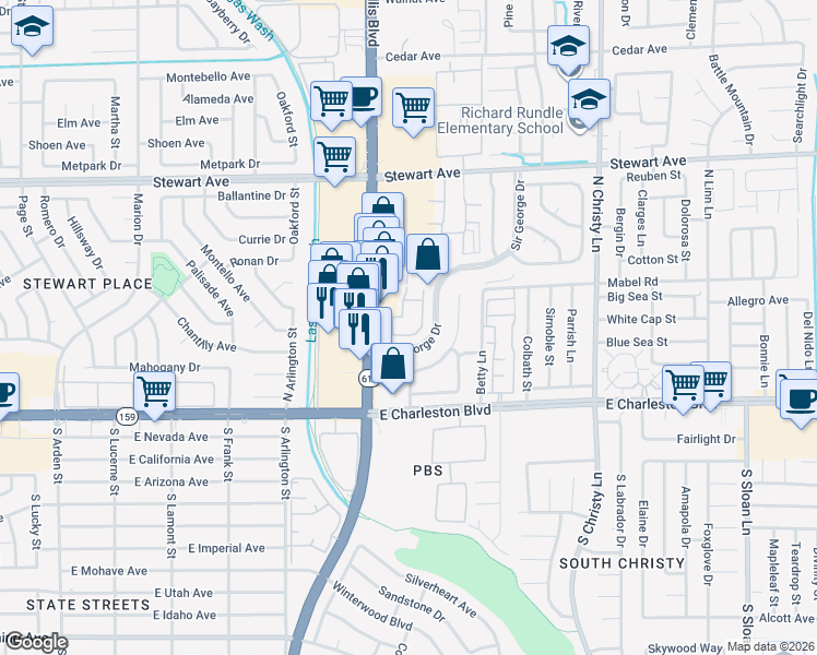 map of restaurants, bars, coffee shops, grocery stores, and more near 130 Bel Port Drive in Las Vegas