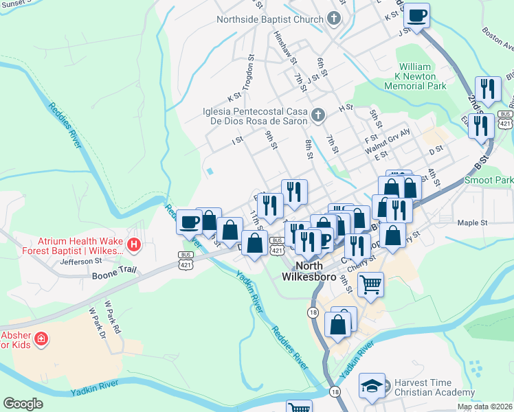 map of restaurants, bars, coffee shops, grocery stores, and more near 1006 F Street in North Wilkesboro