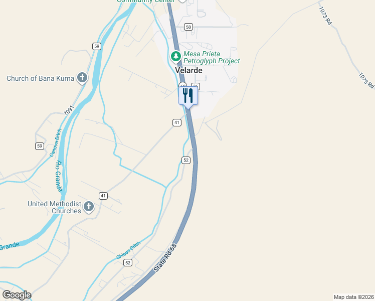 map of restaurants, bars, coffee shops, grocery stores, and more near 290 County Road 52 in Velarde